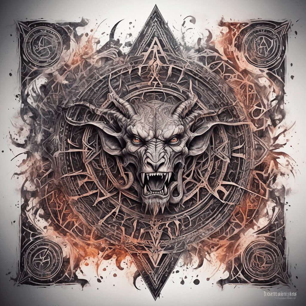 Ancient demon inscription, blackwork fine-line tattoo: ornate runes, filigree borders, dotwork shading, weathered texture, symmetrical layout