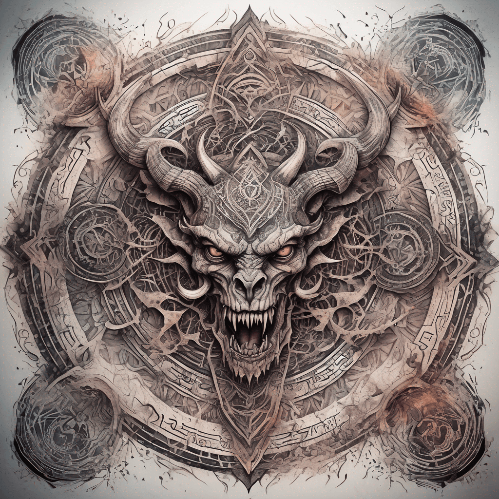 Ancient demon inscription, blackwork fine-line tattoo: ornate runes, filigree borders, dotwork shading, weathered texture, symmetrical layout
