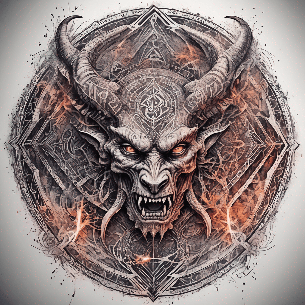 Ancient demon inscription, blackwork fine-line tattoo: ornate runes, filigree borders, dotwork shading, weathered texture, symmetrical layout