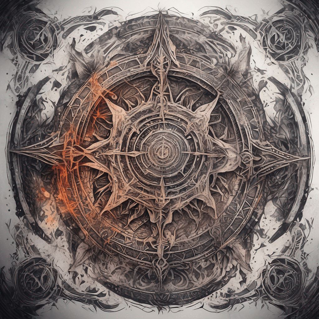 Ancient demon inscription, blackwork fine-line tattoo: ornate runes, filigree borders, dotwork shading, weathered texture, symmetrical layout