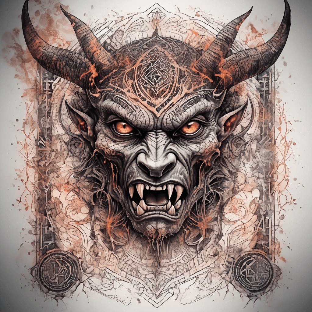Ancient demon inscription, blackwork fine-line tattoo: ornate runes, filigree borders, dotwork shading, weathered texture, symmetrical layout