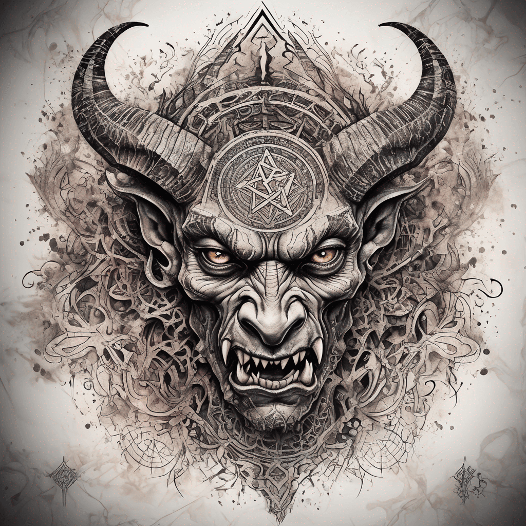 Ancient demon inscription, blackwork fine-line tattoo: ornate runes, filigree borders, dotwork shading, weathered texture, symmetrical layout