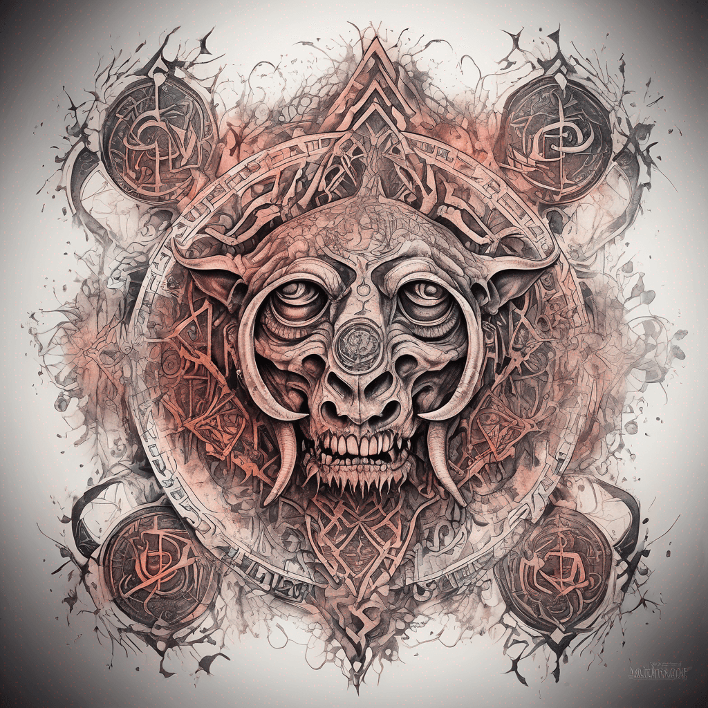 Ancient demon inscription, blackwork fine-line tattoo: ornate runes, filigree borders, dotwork shading, weathered texture, symmetrical layout