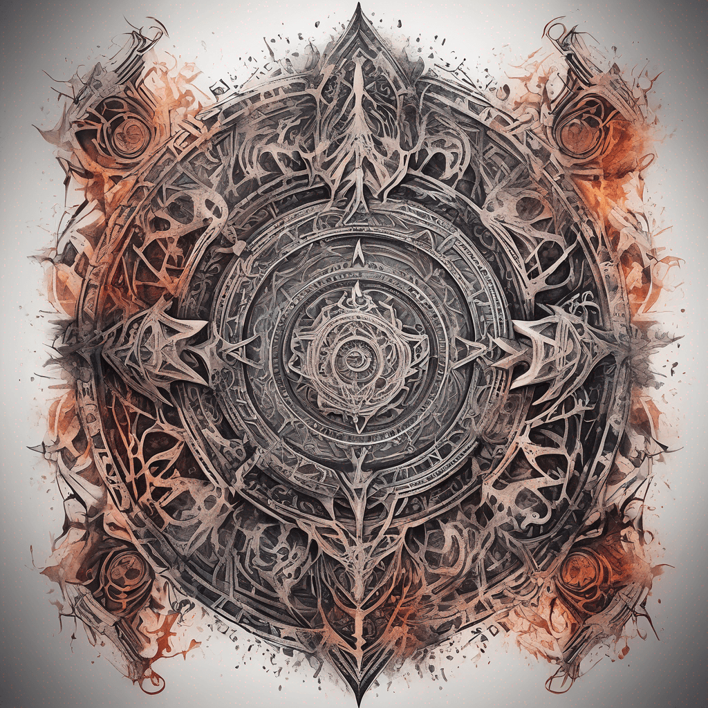 Ancient demon inscription, blackwork fine-line tattoo: ornate runes, filigree borders, dotwork shading, weathered texture, symmetrical layout