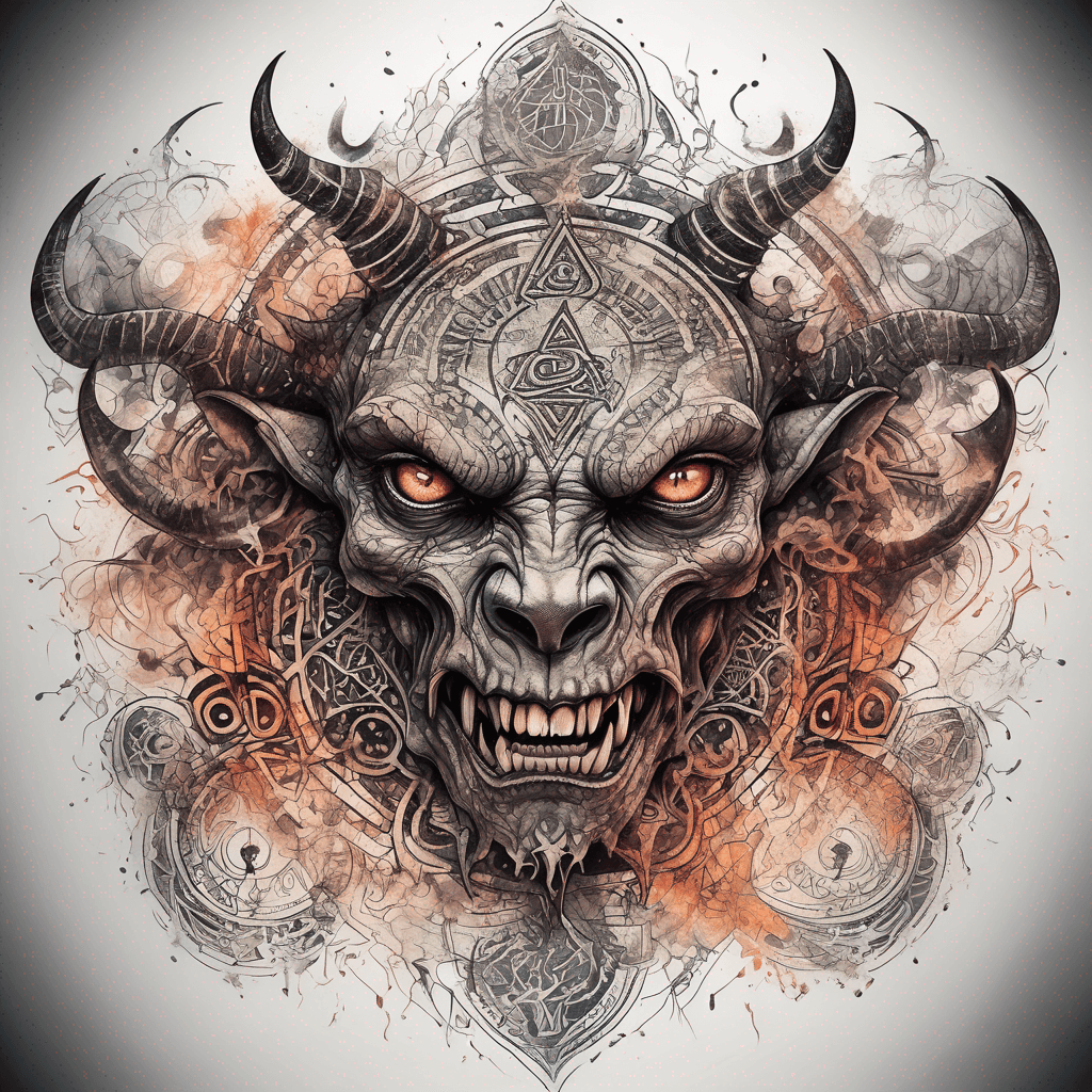 Ancient demon inscription, blackwork fine-line tattoo: ornate runes, filigree borders, dotwork shading, weathered texture, symmetrical layout