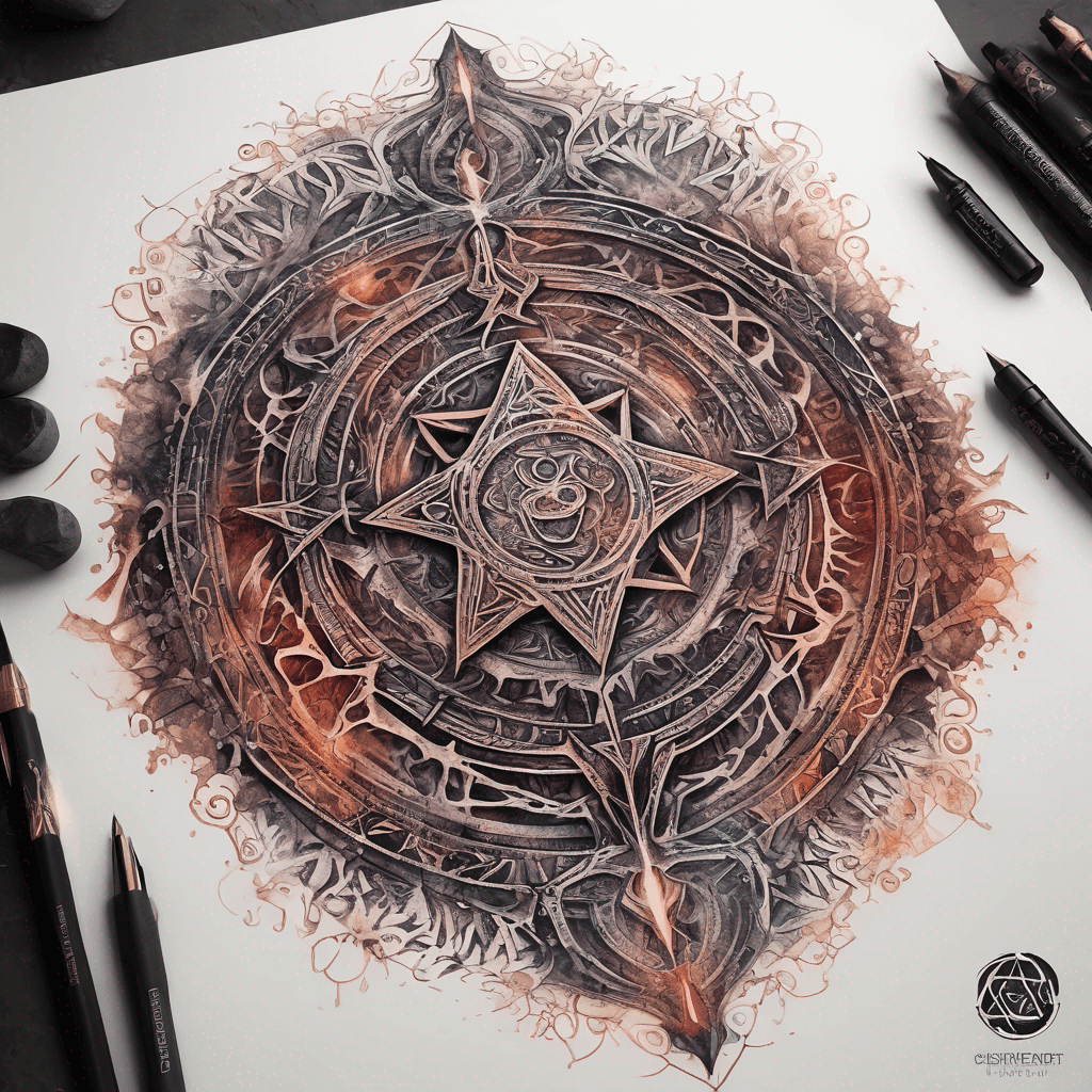 Ancient demon inscription, blackwork fine-line tattoo: ornate runes, filigree borders, dotwork shading, weathered texture, symmetrical layout