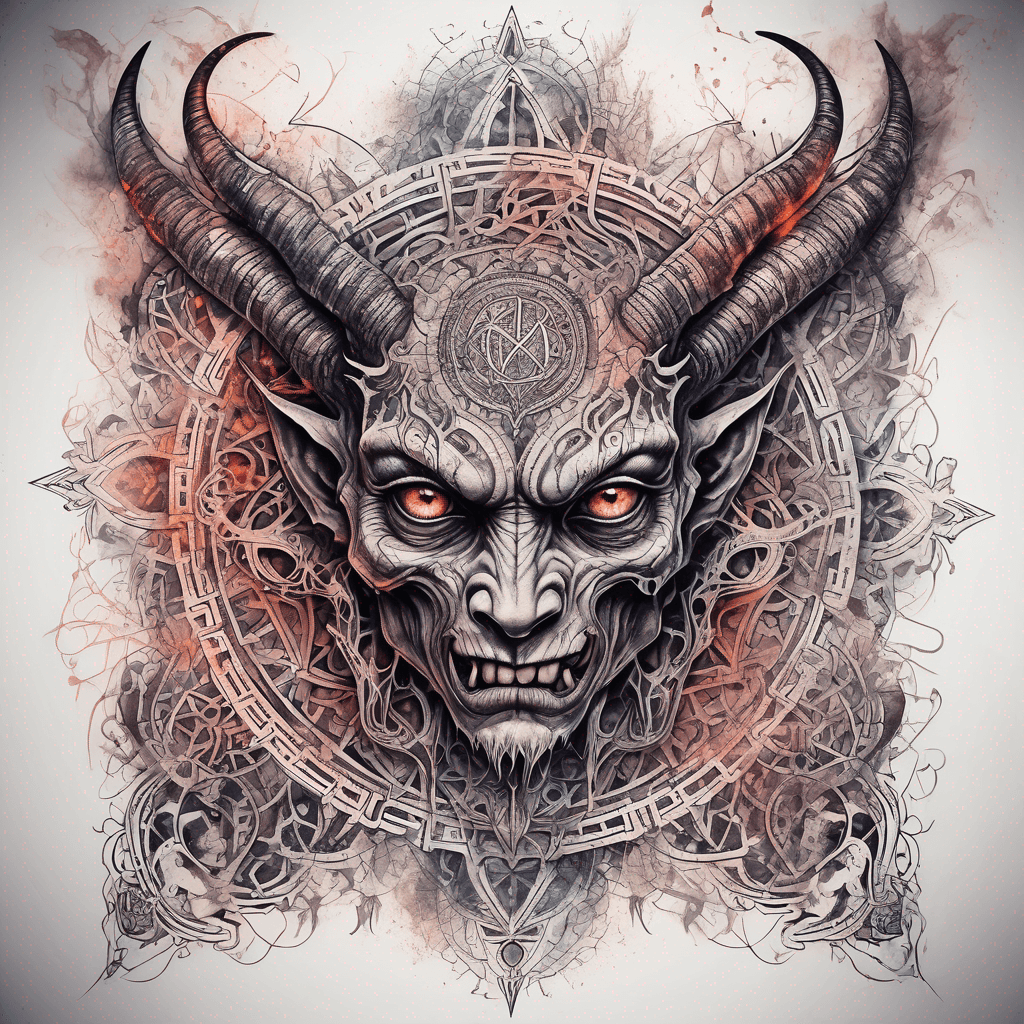 Ancient demon inscription, blackwork fine-line tattoo: ornate runes, filigree borders, dotwork shading, weathered texture, symmetrical layout