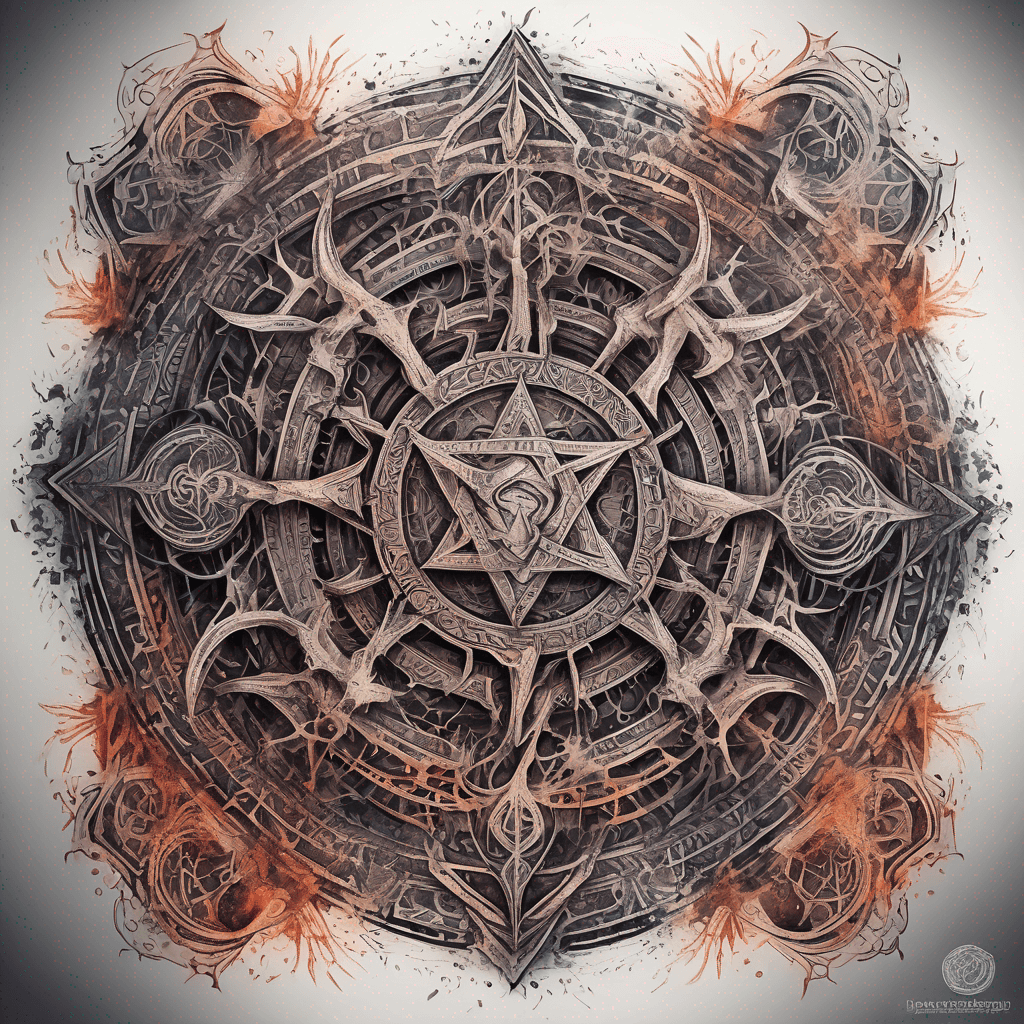 Ancient demon inscription, blackwork fine-line tattoo: ornate runes, filigree borders, dotwork shading, weathered texture, symmetrical layout