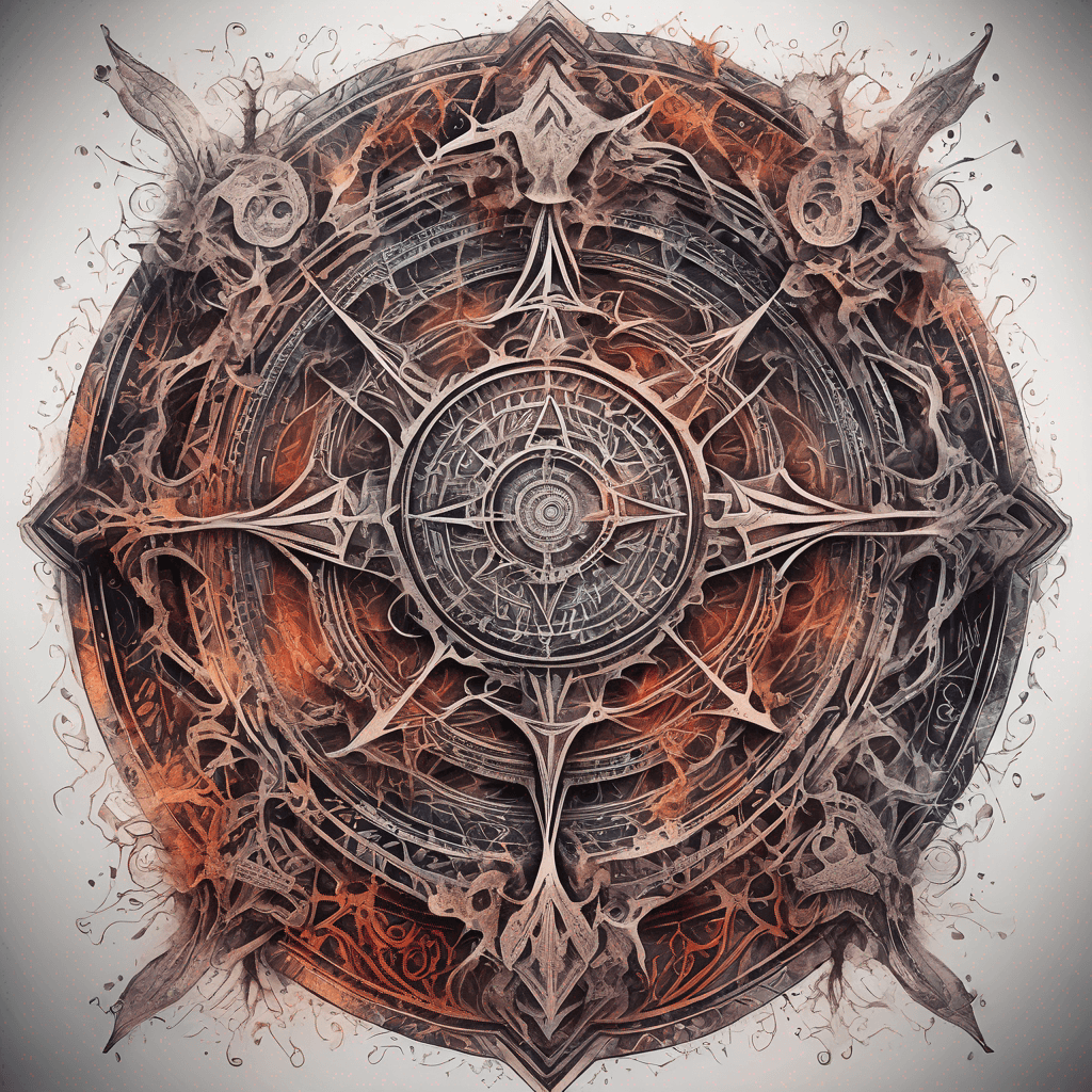 Ancient demon inscription, blackwork fine-line tattoo: ornate runes, filigree borders, dotwork shading, weathered texture, symmetrical layout
