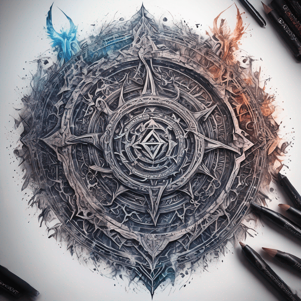 Ancient demon inscription, blackwork fine-line tattoo: ornate runes, filigree borders, dotwork shading, weathered texture, symmetrical layout