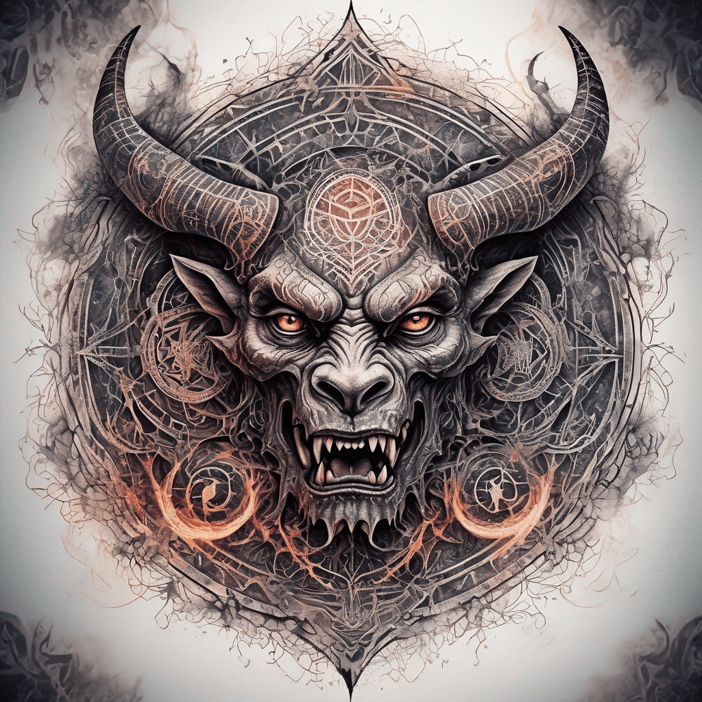 Ancient demon inscription, blackwork fine-line tattoo: ornate runes, filigree borders, dotwork shading, weathered texture, symmetrical layout