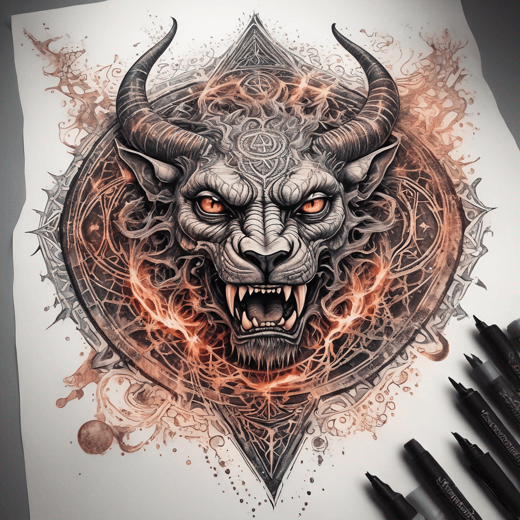 Ancient demon inscription, blackwork fine-line tattoo: ornate runes, filigree borders, dotwork shading, weathered texture, symmetrical layout