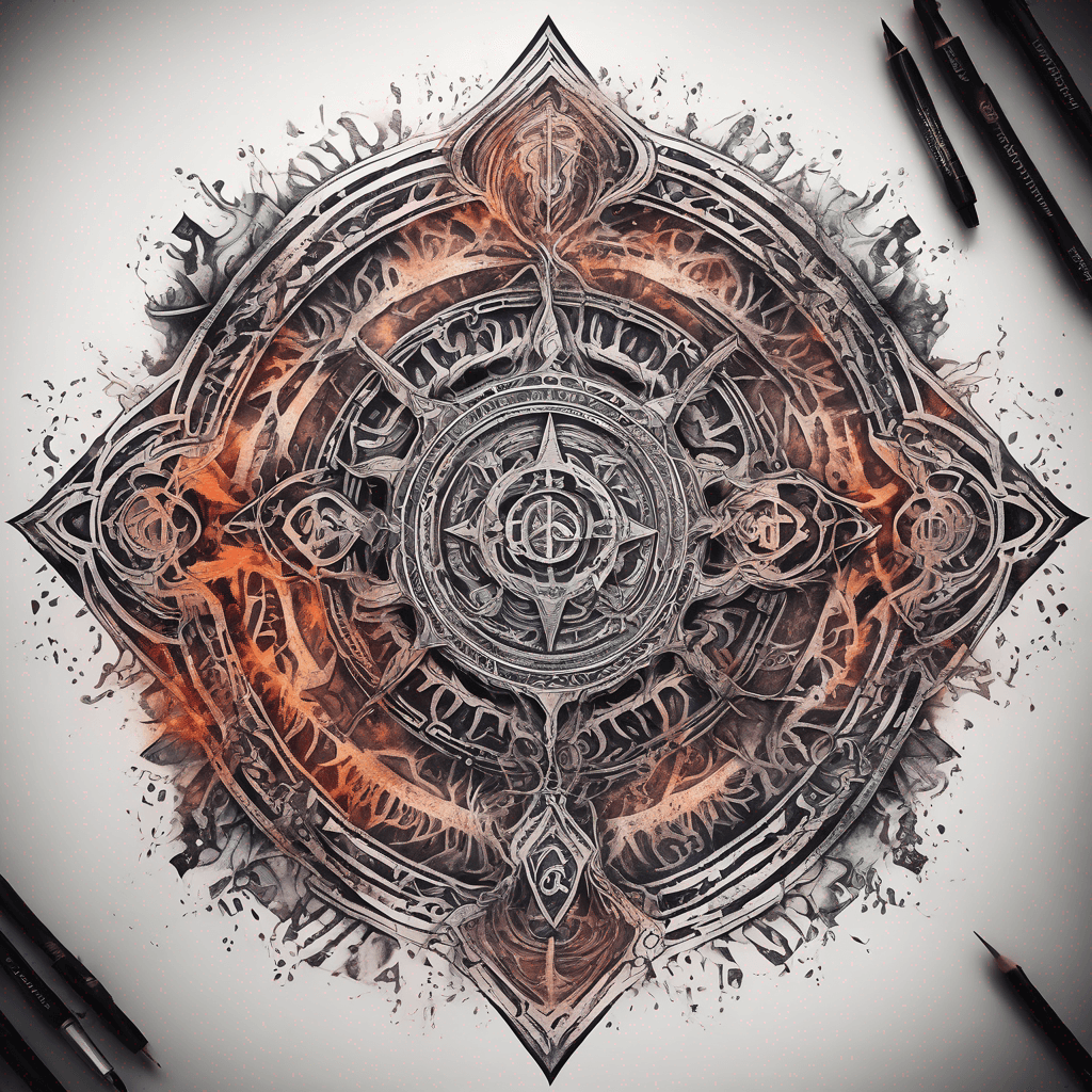 Ancient demon inscription, blackwork fine-line tattoo: ornate runes, filigree borders, dotwork shading, weathered texture, symmetrical layout