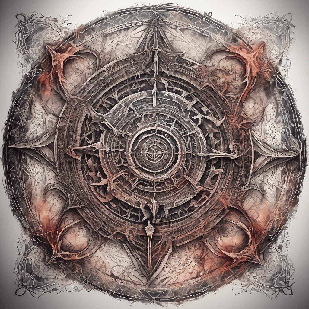Ancient demon inscription, blackwork fine-line tattoo: ornate runes, filigree borders, dotwork shading, weathered texture, symmetrical layout