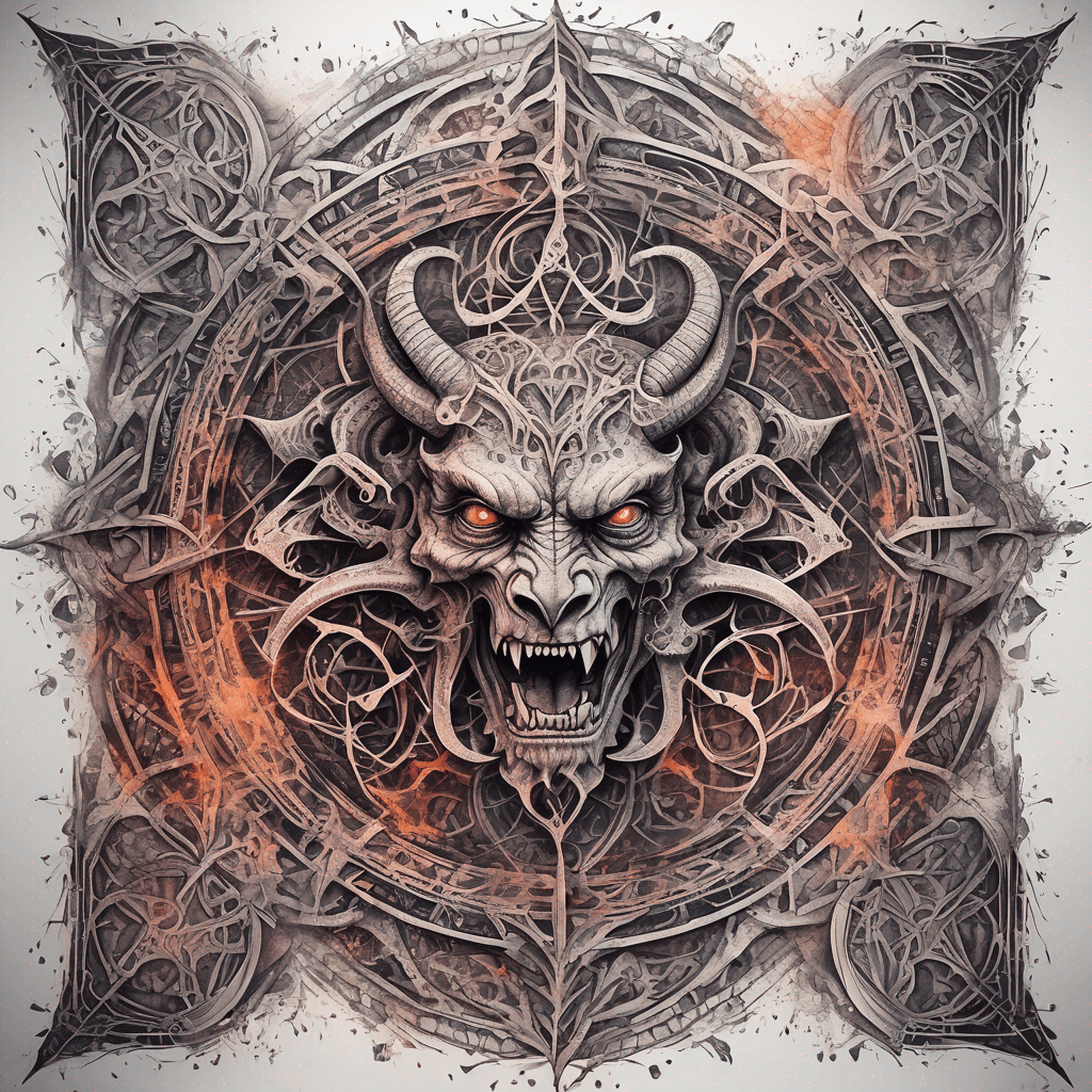 Ancient demon inscription, blackwork fine-line tattoo: ornate runes, filigree borders, dotwork shading, weathered texture, symmetrical layout