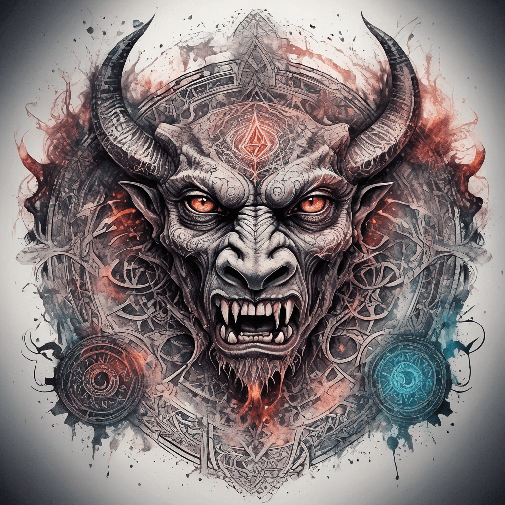 Ancient demon inscription, blackwork fine-line tattoo: ornate runes, filigree borders, dotwork shading, weathered texture, symmetrical layout