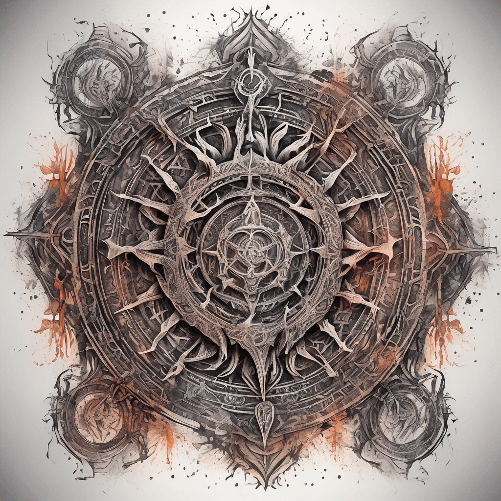 Ancient demon inscription, blackwork fine-line tattoo: ornate runes, filigree borders, dotwork shading, weathered texture, symmetrical layout