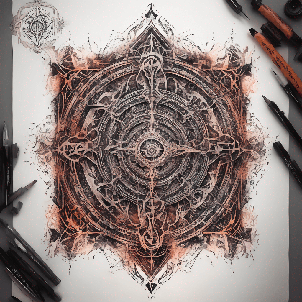 Ancient demon inscription, blackwork fine-line tattoo: ornate runes, filigree borders, dotwork shading, weathered texture, symmetrical layout
