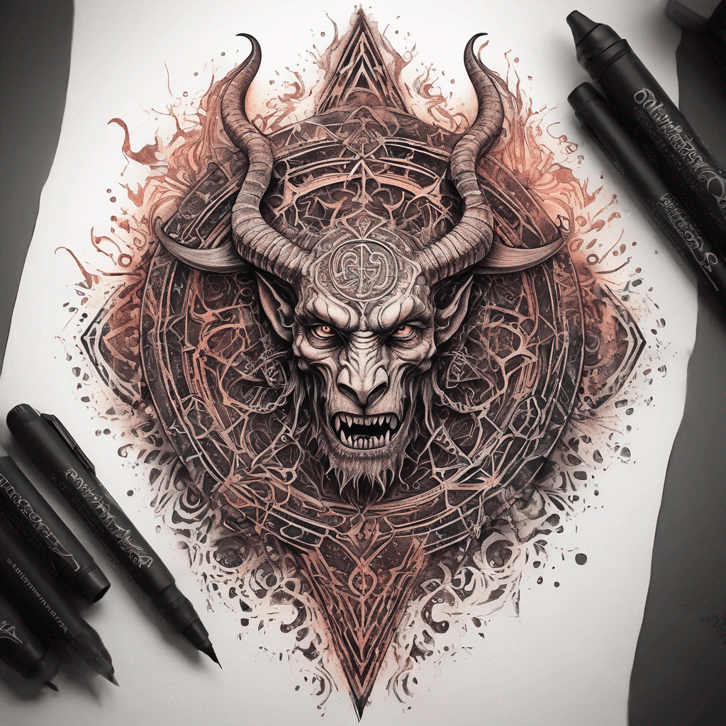 Ancient demon inscription, blackwork fine-line tattoo: ornate runes, filigree borders, dotwork shading, weathered texture, symmetrical layout