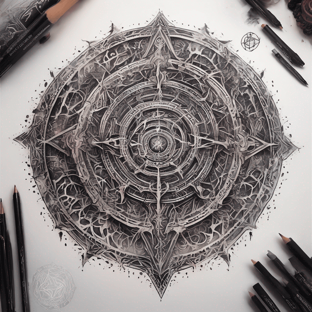 Ancient demon inscription, blackwork fine-line tattoo: ornate runes, filigree borders, dotwork shading, weathered texture, symmetrical layout