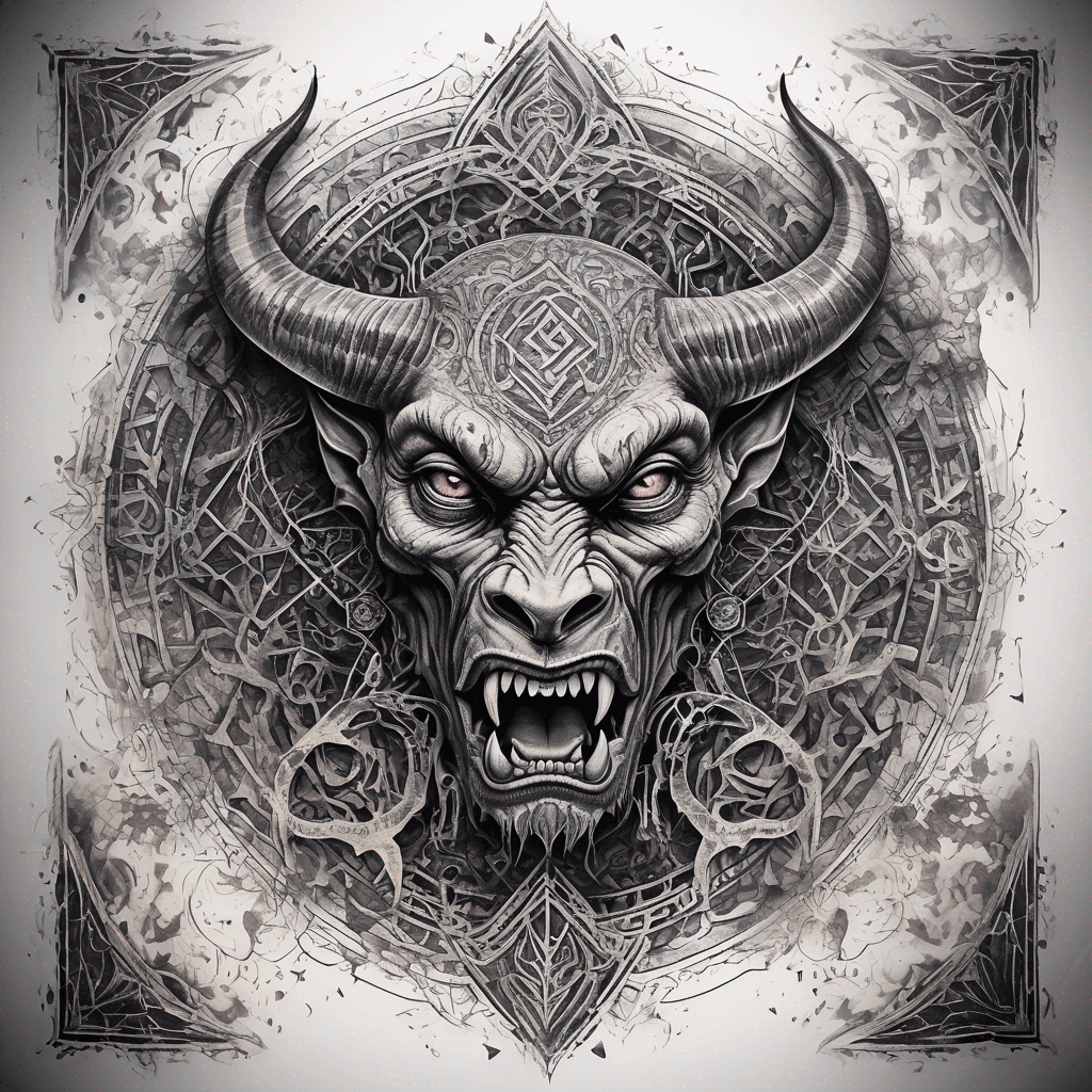 Ancient demon inscription, blackwork fine-line tattoo: ornate runes, filigree borders, dotwork shading, weathered texture, symmetrical layout