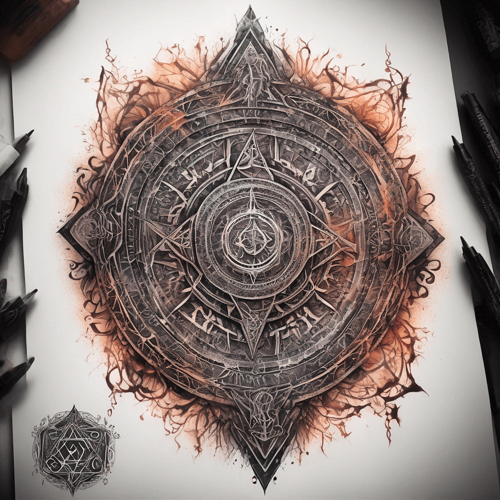 Ancient demon inscription, blackwork fine-line tattoo: ornate runes, filigree borders, dotwork shading, weathered texture, symmetrical layout