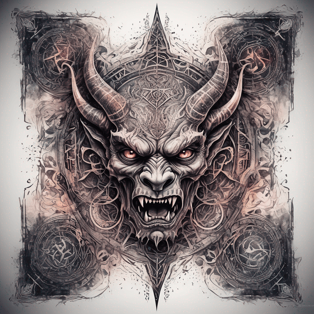 Ancient demon inscription, blackwork fine-line tattoo: ornate runes, filigree borders, dotwork shading, weathered texture, symmetrical layout