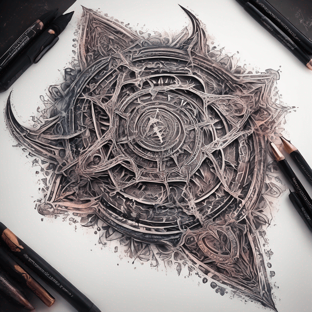 Ancient demon inscription, blackwork fine-line tattoo: ornate runes, filigree borders, dotwork shading, weathered texture, symmetrical layout