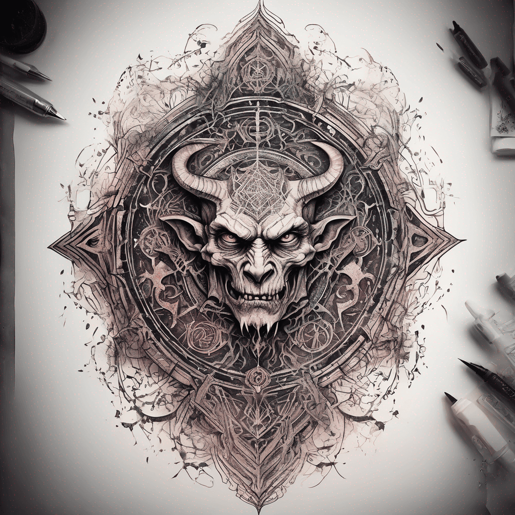 Ancient demon inscription, blackwork fine-line tattoo: ornate runes, filigree borders, dotwork shading, weathered texture, symmetrical layout