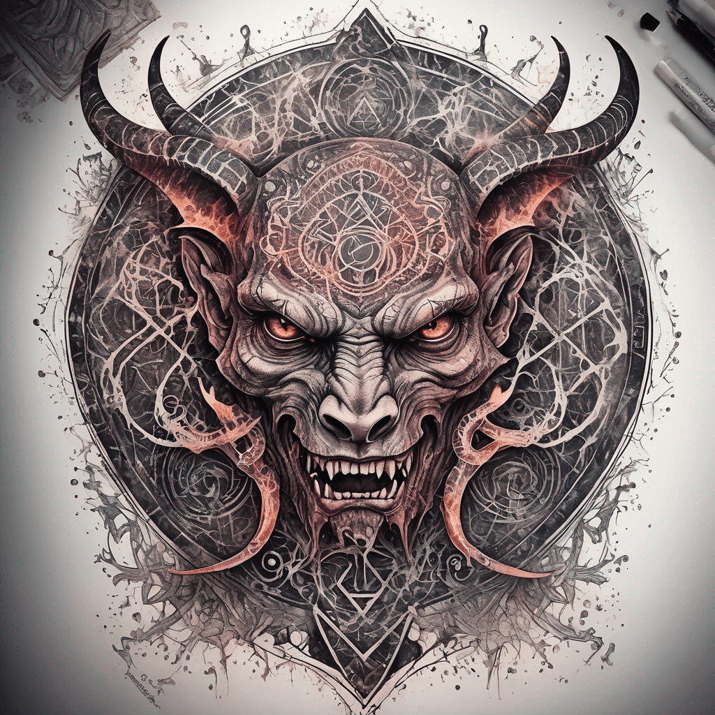 Ancient demon inscription, blackwork fine-line tattoo: ornate runes, filigree borders, dotwork shading, weathered texture, symmetrical layout