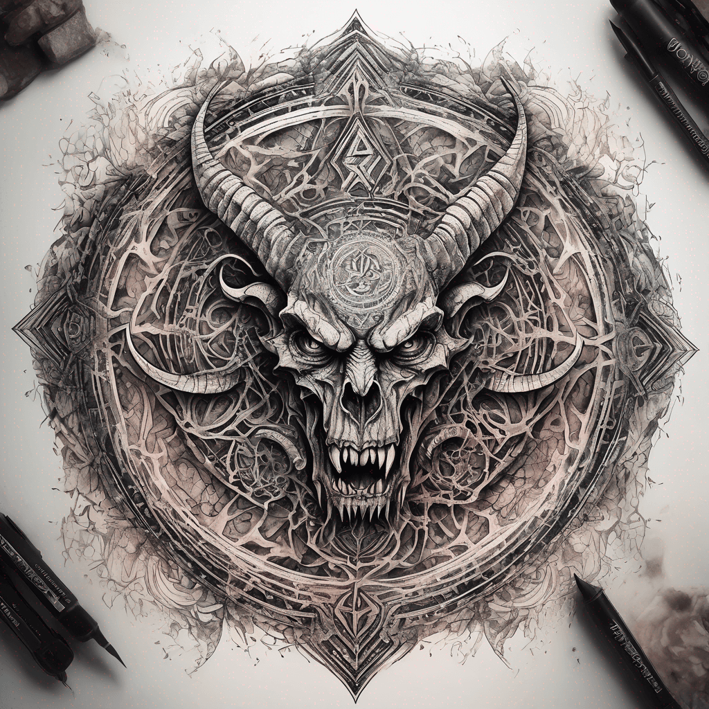 Ancient demon inscription, blackwork fine-line tattoo: ornate runes, filigree borders, dotwork shading, weathered texture, symmetrical layout