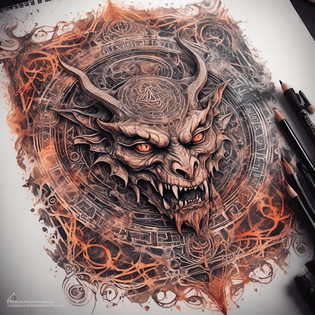 Ancient demon inscription, blackwork fine-line tattoo: ornate runes, filigree borders, dotwork shading, weathered texture, symmetrical layout
