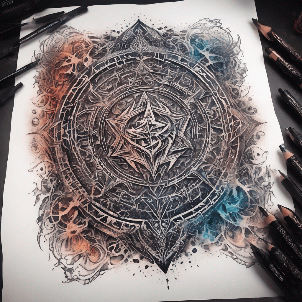 Ancient demon inscription, blackwork fine-line tattoo: ornate runes, filigree borders, dotwork shading, weathered texture, symmetrical layout