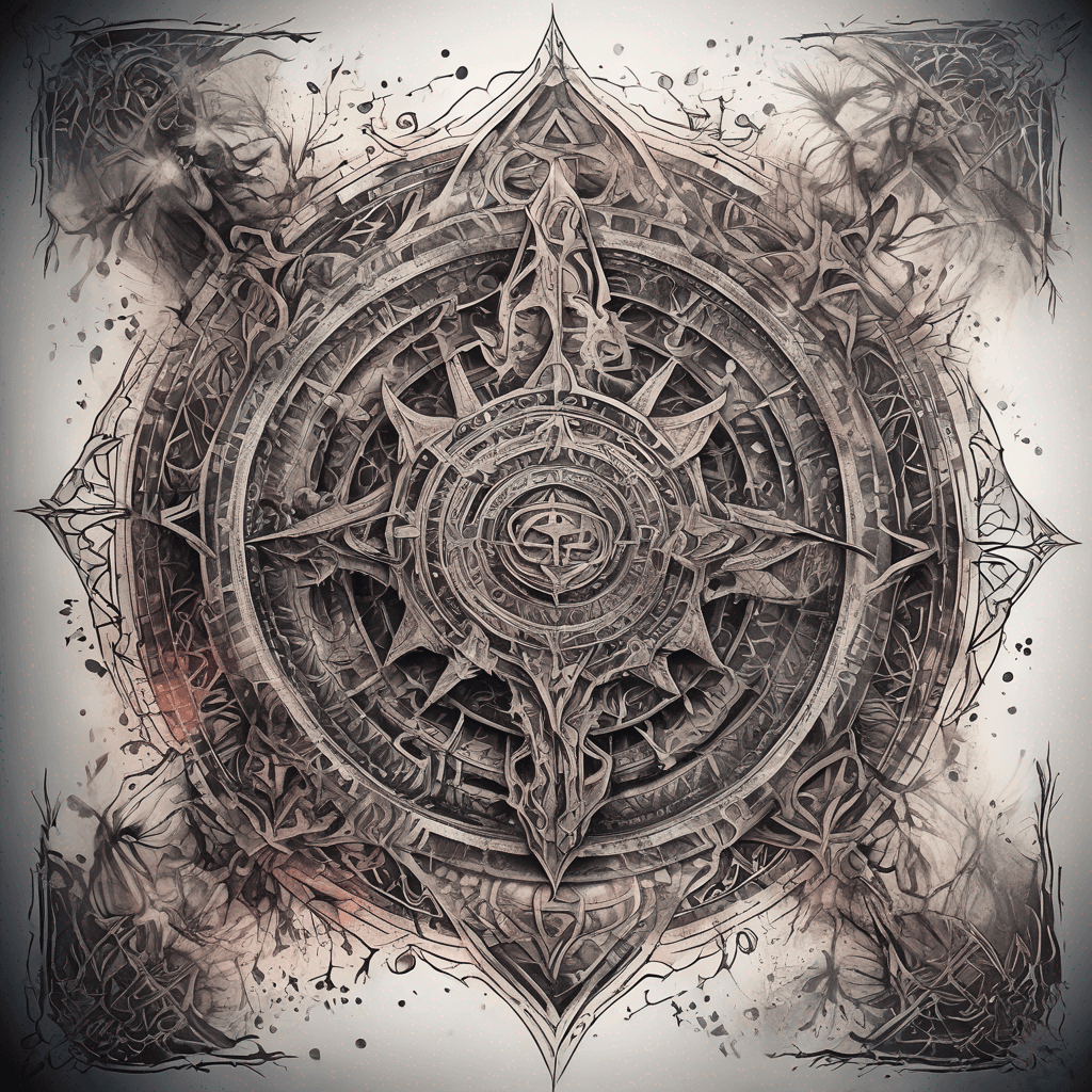 Ancient demon inscription, blackwork fine-line tattoo: ornate runes, filigree borders, dotwork shading, weathered texture, symmetrical layout