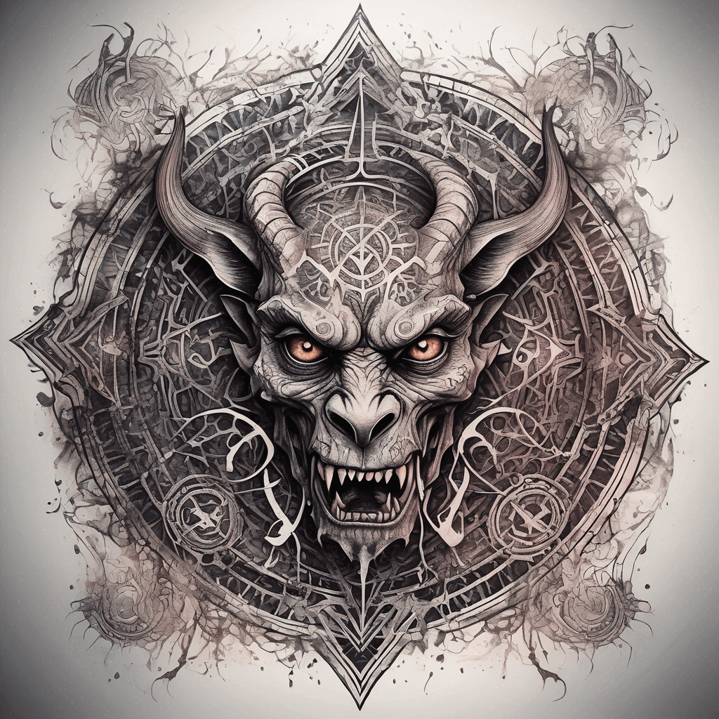 Ancient demon inscription, blackwork fine-line tattoo: ornate runes, filigree borders, dotwork shading, weathered texture, symmetrical layout