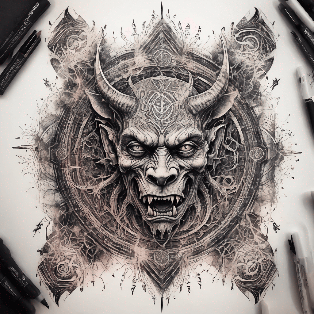 Ancient demon inscription, blackwork fine-line tattoo: ornate runes, filigree borders, dotwork shading, weathered texture, symmetrical layout