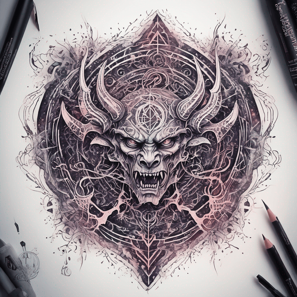 Ancient demon inscription, blackwork fine-line tattoo: ornate runes, filigree borders, dotwork shading, weathered texture, symmetrical layout