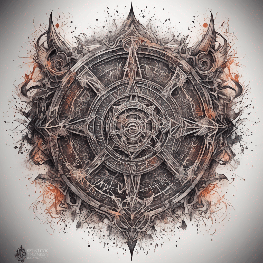 Ancient demon inscription, blackwork fine-line tattoo: ornate runes, filigree borders, dotwork shading, weathered texture, symmetrical layout