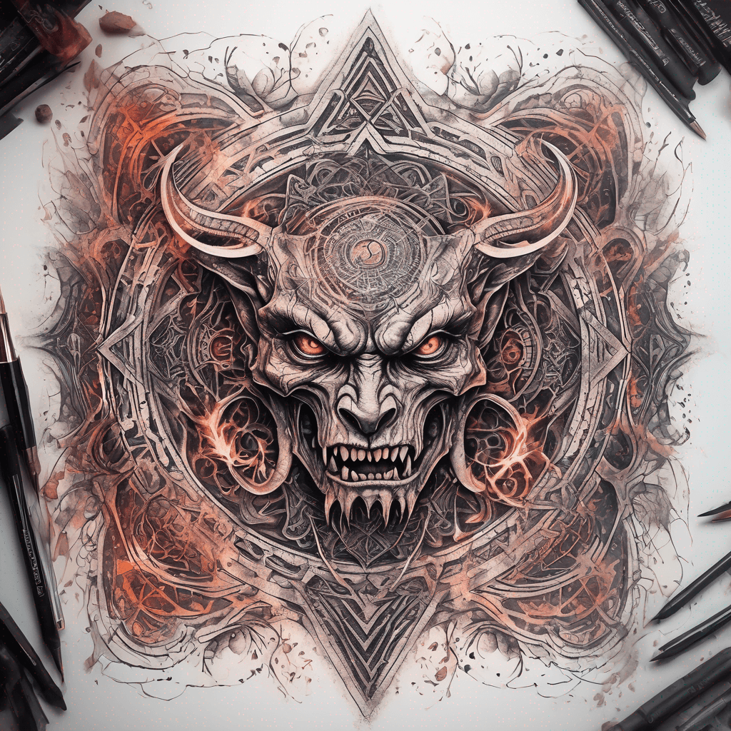 Ancient demon inscription, blackwork fine-line tattoo: ornate runes, filigree borders, dotwork shading, weathered texture, symmetrical layout