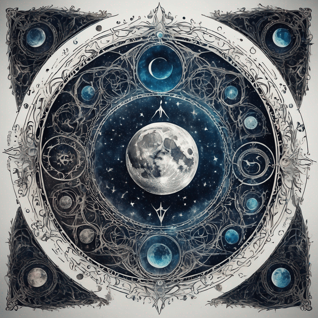 Moon phases within an enchanted sigil: symmetrical circle, intricate ancient filigree linework, dot shading, blackwork, rune accents.