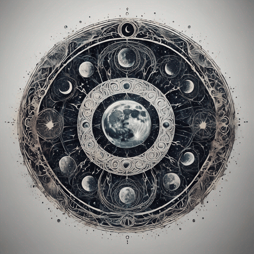 Moon phases within an enchanted sigil: symmetrical circle, intricate ancient filigree linework, dot shading, blackwork, rune accents.