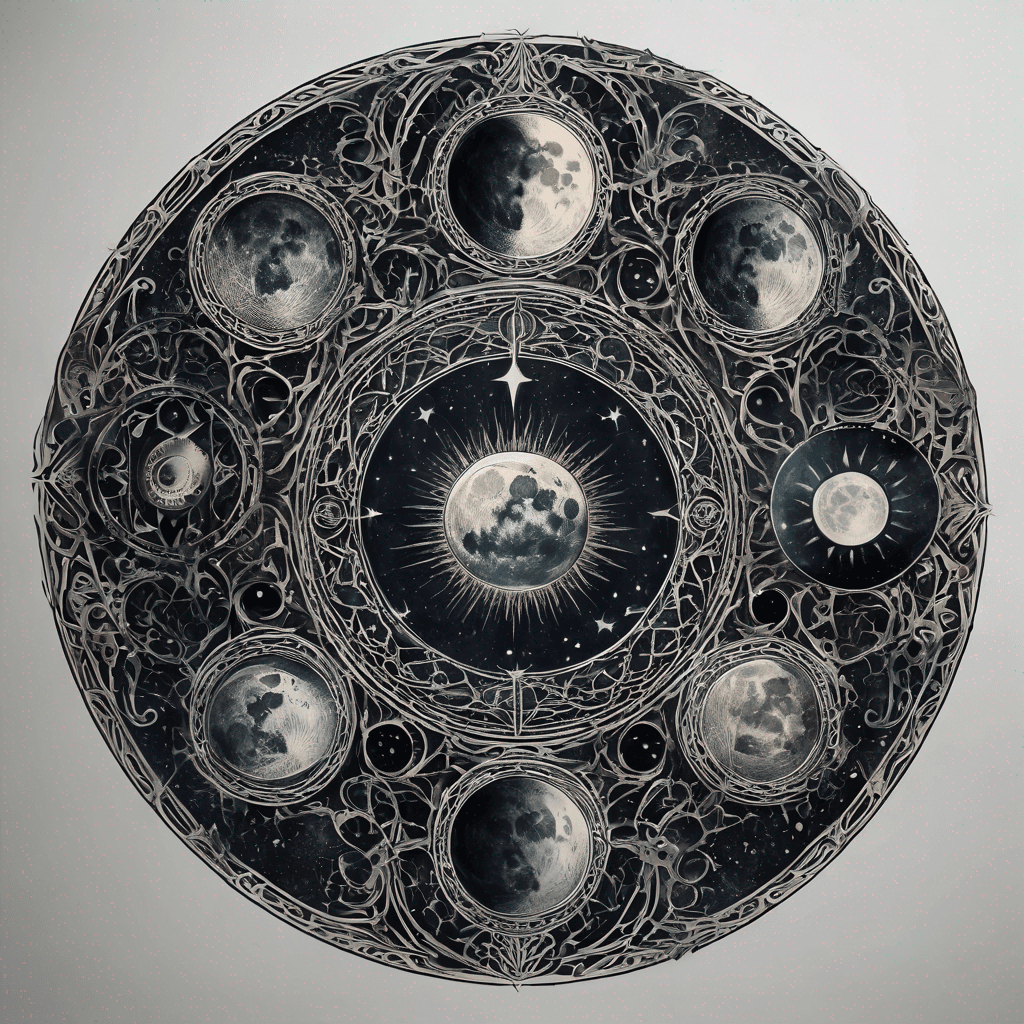 Moon phases within an enchanted sigil: symmetrical circle, intricate ancient filigree linework, dot shading, blackwork, rune accents.
