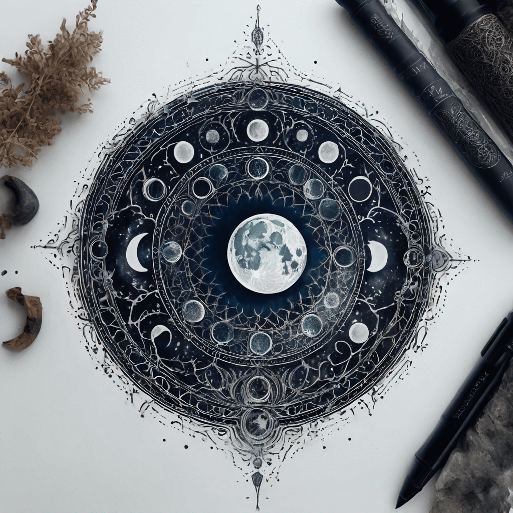 Moon phases within an enchanted sigil: symmetrical circle, intricate ancient filigree linework, dot shading, blackwork, rune accents.