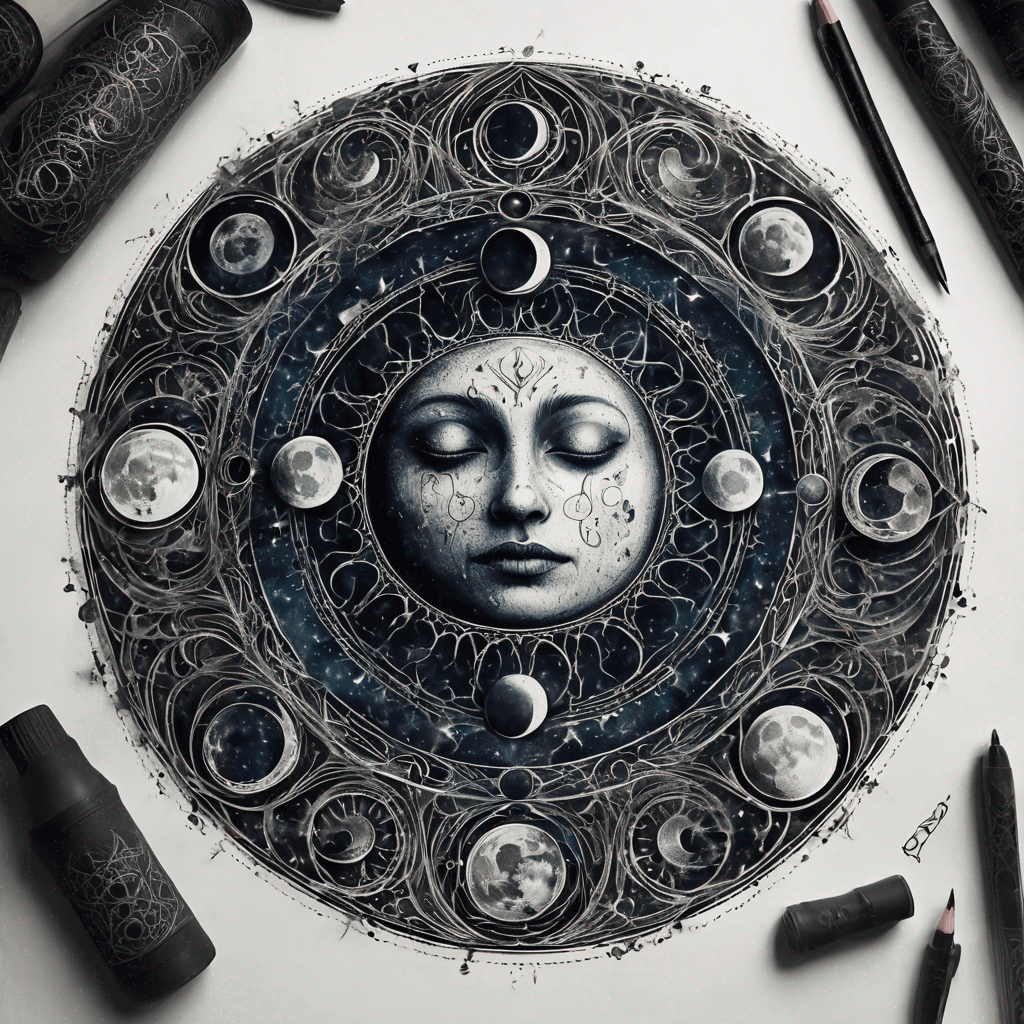 Moon phases within an enchanted sigil: symmetrical circle, intricate ancient filigree linework, dot shading, blackwork, rune accents. and demonoly