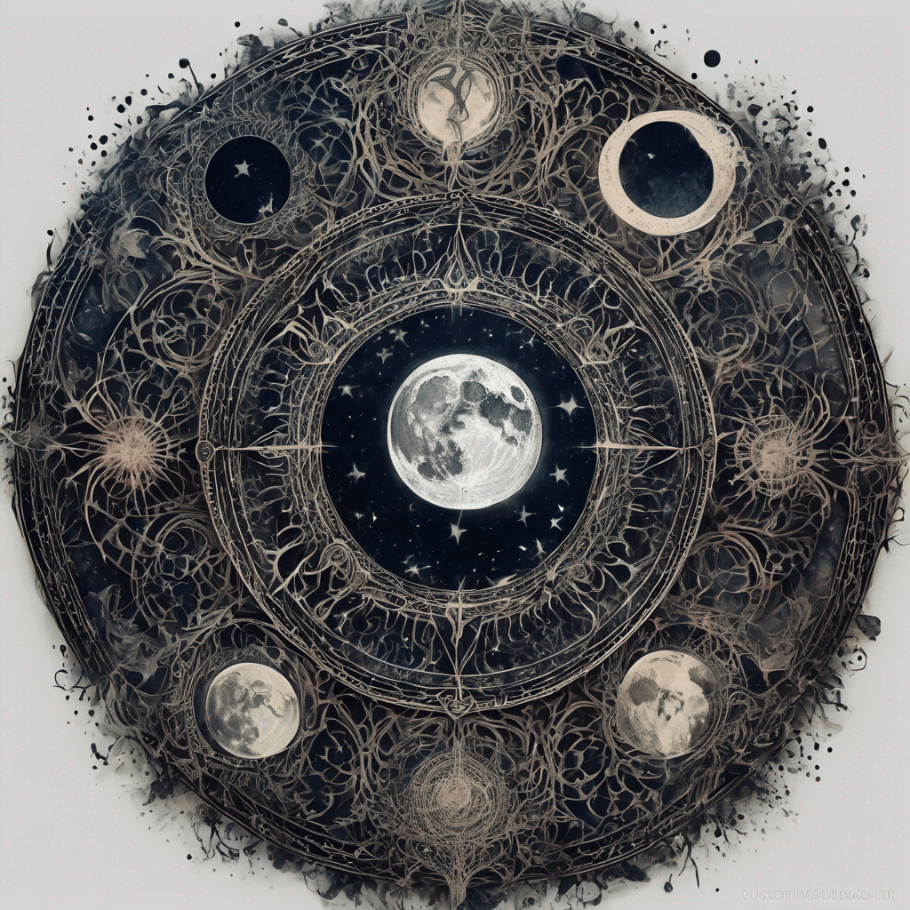 Moon phases within an enchanted sigil: symmetrical circle, intricate ancient filigree linework, dot shading, blackwork, rune accents. and demonoly