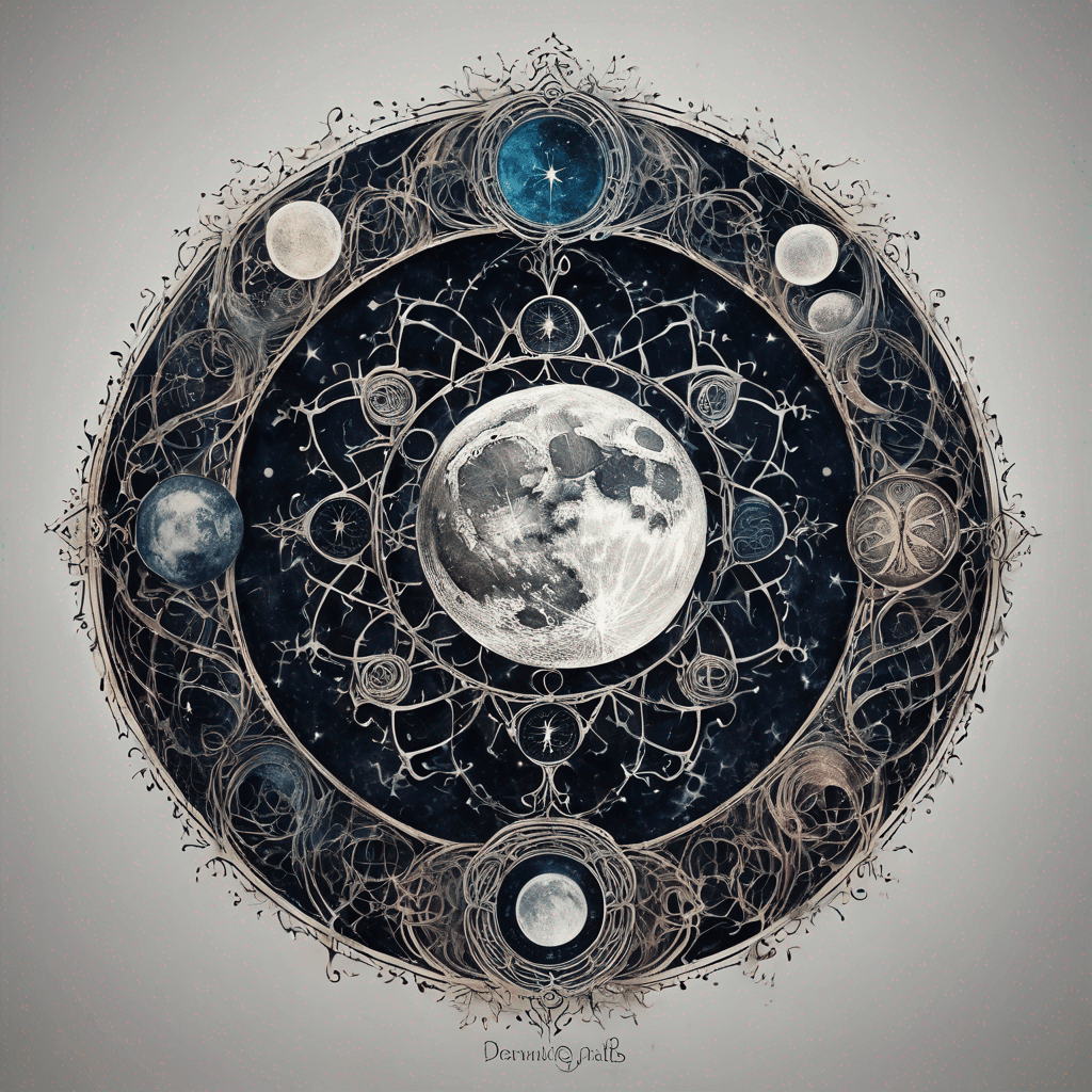 Moon phases within an enchanted sigil: symmetrical circle, intricate ancient filigree linework, dot shading, blackwork, rune accents. and demonoly