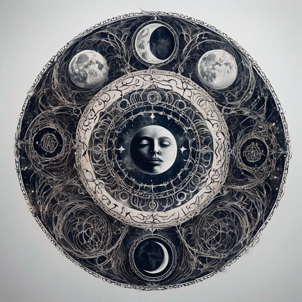 Moon phases within an enchanted sigil: symmetrical circle, intricate ancient filigree linework, dot shading, blackwork, rune accents. and demonoly
