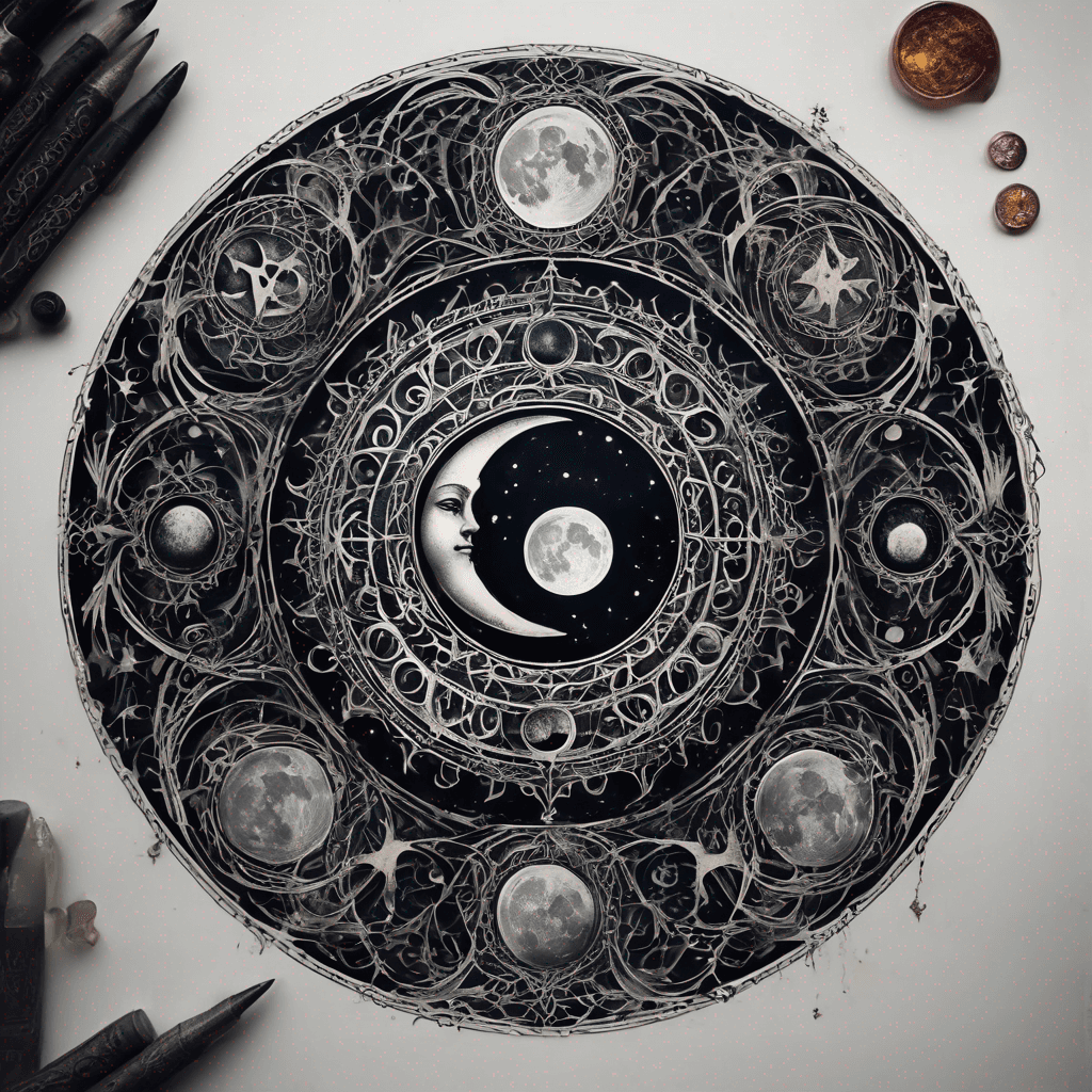 Moon phases within an enchanted sigil: symmetrical circle, intricate ancient filigree linework, dot shading, blackwork, rune accents. and demonoly