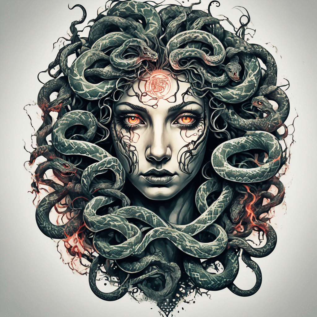 Fierce Medusa headshot, writhing snakes, piercing glowing eyes, neo-traditional blackwork, bold lines, dotwork shading, Greek laurel frame