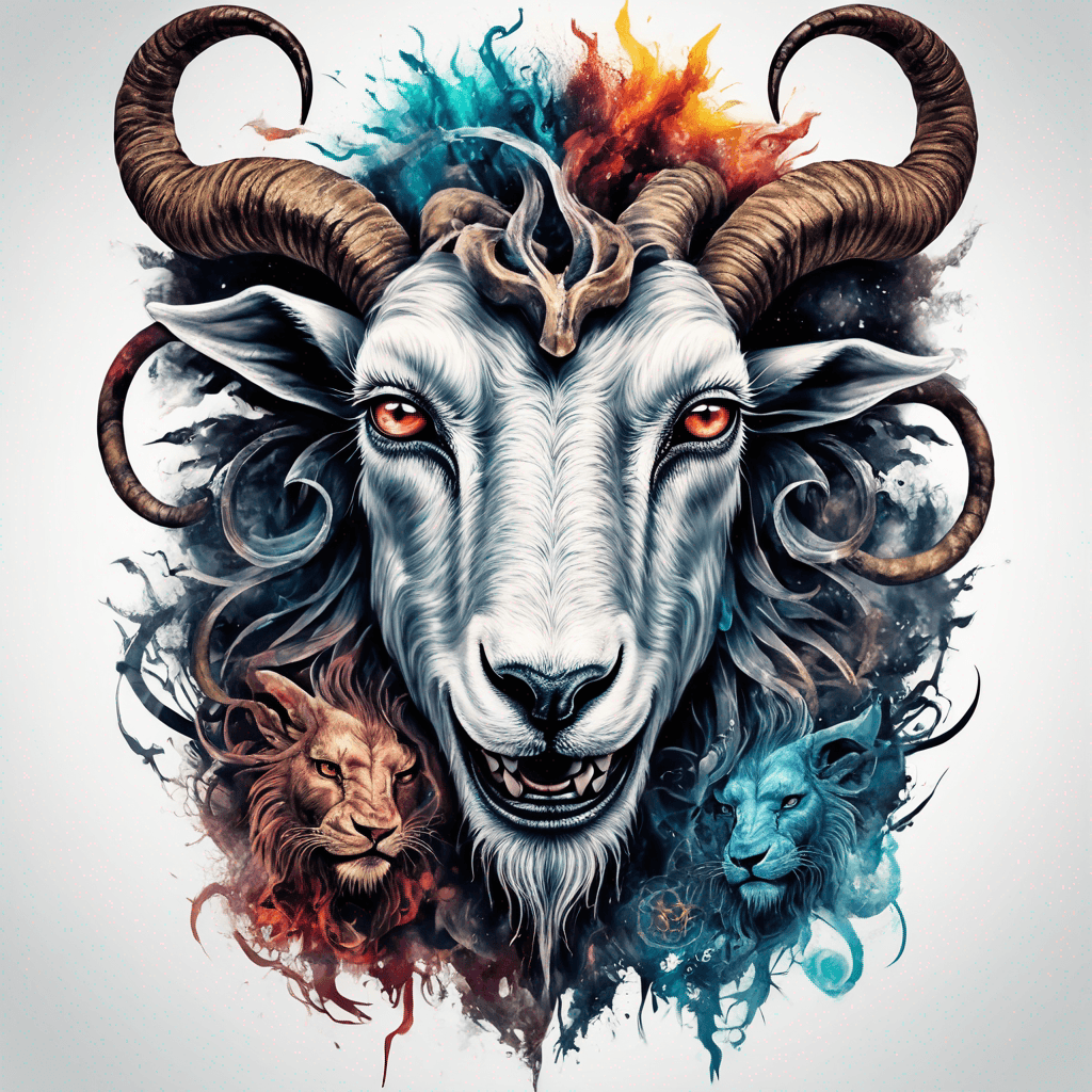 goat and lion mixed demon head and fierce looks with fangs and horns